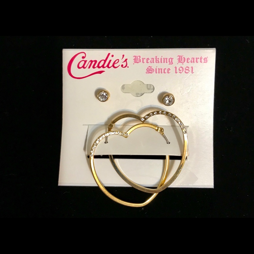 Gold & Rhinestone Heart Hoops and Stud Earrings